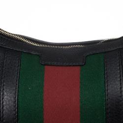 Pre Owned Gucci Black Leather Red Green Stripe Hobo