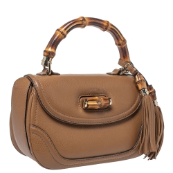 Pre Owned Gucci Tan Leather Medium Tassel Bamboo Top Handle Bag
