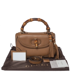 Pre Owned Gucci Tan Leather Medium Tassel Bamboo Top Handle Bag