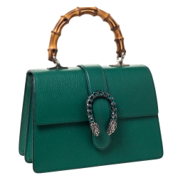 Pre Owned Gucci Green Leather Medium Dionysus Bamboo Top Handle Bag