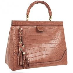 مملوكة مسبقًا Gucci Brown Bold Bamboo Pink Crocodile Top Handle Bag