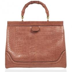 مملوكة مسبقًا Gucci Brown Bold Bamboo Pink Crocodile Top Handle Bag
