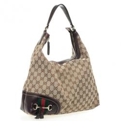 Pre Owned Gucci Brown GG Canvas 'Horsebit Tassel' Medium Hobo