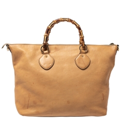 Pre Owned Gucci Light Brown Leather Bamboo Handle Shopper Tote