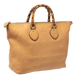 Pre Owned Gucci Light Brown Leather Bamboo Handle Shopper Tote