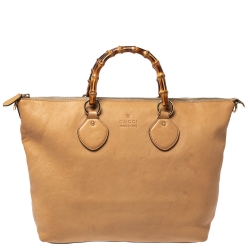 Pre Owned Gucci Light Brown Leather Bamboo Handle Shopper Tote