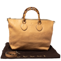 Pre Owned Gucci Light Brown Leather Bamboo Handle Shopper Tote