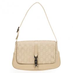 Pre Owned Gucci Beige Canvas 'Jackie-O' Flap Small Shoulder Handbag