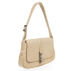 Pre Owned Gucci Beige Canvas 'Jackie-O' Flap Small Shoulder Handbag