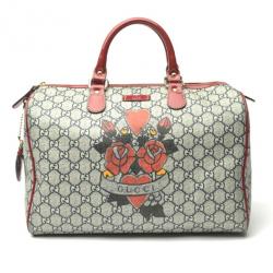 Authentic Gucci White Red Blue Heart Coated Canvas Joy Boston Bag