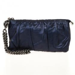 Pre Owned Gucci Navy Pleated Leather Clutch Bag