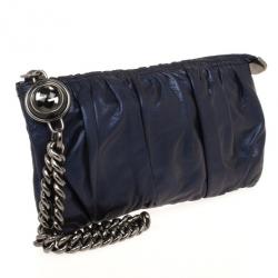 Pre Owned Gucci Navy Pleated Leather Clutch Bag