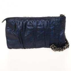 Pre Owned Gucci Navy Pleated Leather Clutch Bag