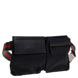 مملوكة مسبقًا Gucci Black GG Canvas and Leather Web Waist Belt Bag