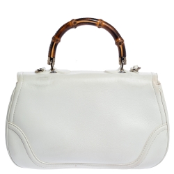 Pre Owned Gucci White Leather Large New Bamboo Tassel Top Handle Bag