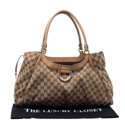 Pre Owned Gucci Beige/Tan GG Canvas and Leather D Ring Hobo