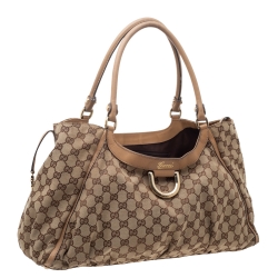 Pre Owned Gucci Beige/Tan GG Canvas and Leather D Ring Hobo