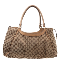 Pre Owned Gucci Beige/Tan GG Canvas and Leather D Ring Hobo