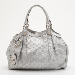 Pre Owned Gucci Silver Guccissima Leather Sukey Tote 