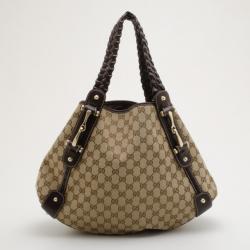 Pre Owned Gucci Monogram Large Pelham Tote with Brown Leather Trim
