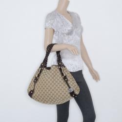 Pre Owned Gucci Monogram Large Pelham Tote with Brown Leather Trim