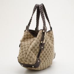 Pre Owned Gucci Monogram Large Pelham Tote with Brown Leather Trim