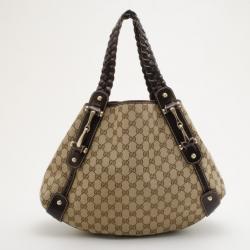 Pre Owned Gucci Monogram Large Pelham Tote with Brown Leather Trim