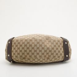 Pre Owned Gucci Monogram Large Pelham Tote with Brown Leather Trim