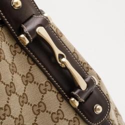 Pre Owned Gucci Monogram Large Pelham Tote with Brown Leather Trim