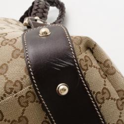 Pre Owned Gucci Monogram Large Pelham Tote with Brown Leather Trim