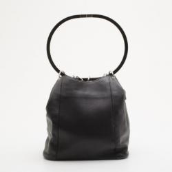 Pre Owned Gucci Black Leather Top Handle Drawstring Bag