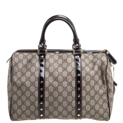 Pre Owned Gucci Dark Brown/Beige GG Supreme Canvas and Patent Leather Medium Hearts Joy Boston Bag