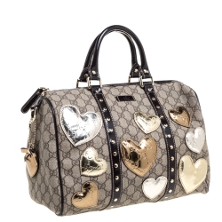 Pre Owned Gucci Dark Brown/Beige GG Supreme Canvas and Patent Leather Medium Hearts Joy Boston Bag