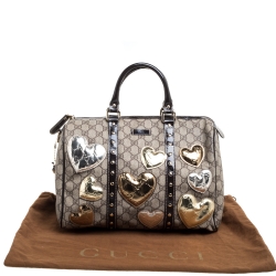 Pre Owned Gucci Dark Brown/Beige GG Supreme Canvas and Patent Leather Medium Hearts Joy Boston Bag