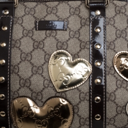 Pre Owned Gucci Dark Brown/Beige GG Supreme Canvas and Patent Leather Medium Hearts Joy Boston Bag