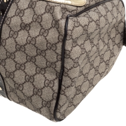 Pre Owned Gucci Dark Brown/Beige GG Supreme Canvas and Patent Leather Medium Hearts Joy Boston Bag