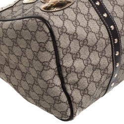 Pre Owned Gucci Dark Brown/Beige GG Supreme Canvas and Patent Leather Medium Hearts Joy Boston Bag