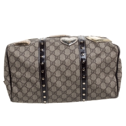 Pre Owned Gucci Dark Brown/Beige GG Supreme Canvas and Patent Leather Medium Hearts Joy Boston Bag