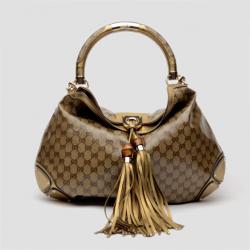 Pre Owned Gucci Brown Leather Indy Monogram Crystal Handbag
