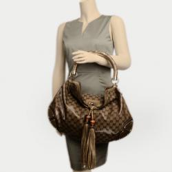 Pre Owned Gucci Brown Leather Indy Monogram Crystal Handbag