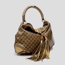 Pre Owned Gucci Brown Leather Indy Monogram Crystal Handbag