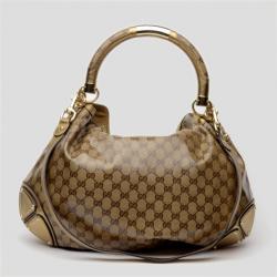 Pre Owned Gucci Brown Leather Indy Monogram Crystal Handbag