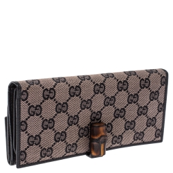 Pre Owned Gucci Beige/Black GG Canvas and Leather Bamboo Continental Wallet
