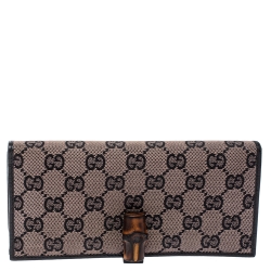 Pre Owned Gucci Beige/Black GG Canvas and Leather Bamboo Continental Wallet