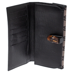 Pre Owned Gucci Beige/Black GG Canvas and Leather Bamboo Continental Wallet