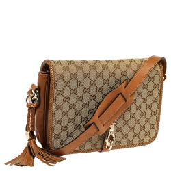 Pre Owned Gucci Beige/Brown GG Canvas and Leather Medium Marrakech Tassel Messenger Bag