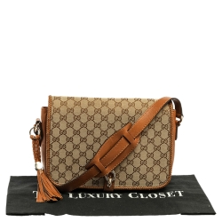 Pre Owned Gucci Beige/Brown GG Canvas and Leather Medium Marrakech Tassel Messenger Bag
