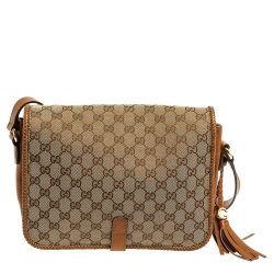 Pre Owned Gucci Beige/Brown GG Canvas and Leather Medium Marrakech Tassel Messenger Bag