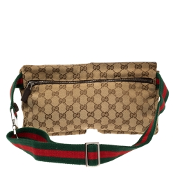 Pre Owned Gucci Brown/Beige GG Canvas and Leather Web Waist Belt Bag