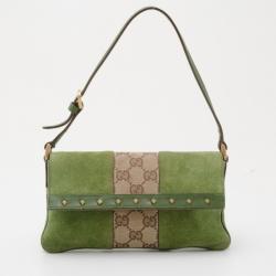 Pre Owned Gucci Monogram GG and Green Suede Pochette